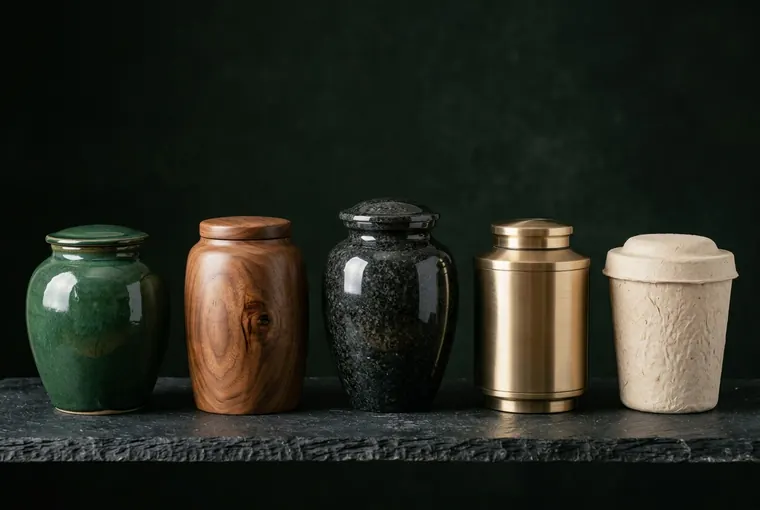 Pięć urn na kamiennej półce: ceramiczna, drewniana, granitowa, mosiężna i jasna urna biodegradowalna.